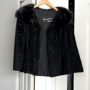 Vintage Marshall Fields brocade jacket with fur collar. Small
